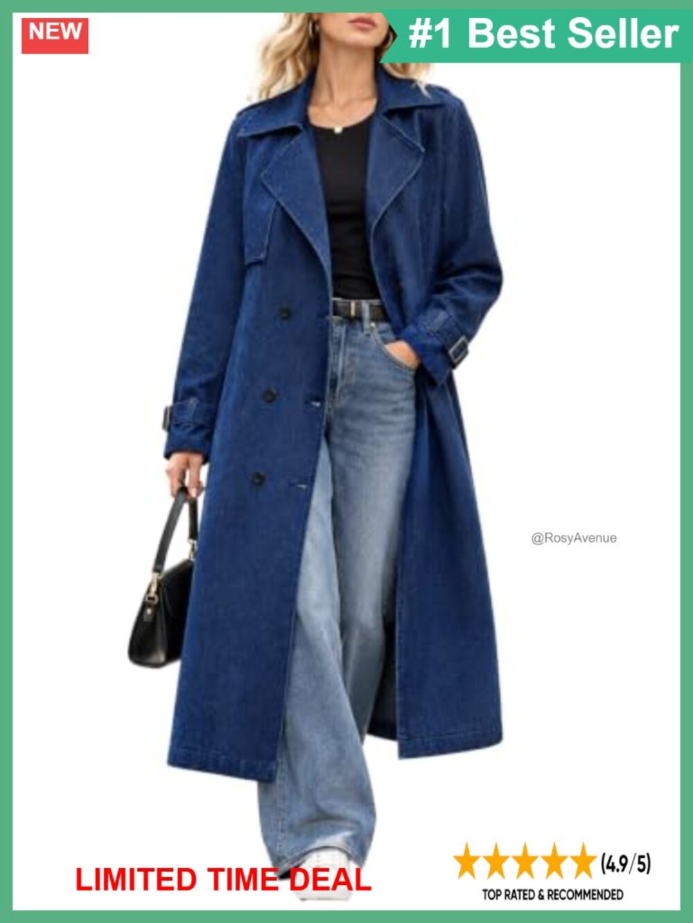 Womens Denim Trench Coat Oversized Double Breasted Long Jean Jacket